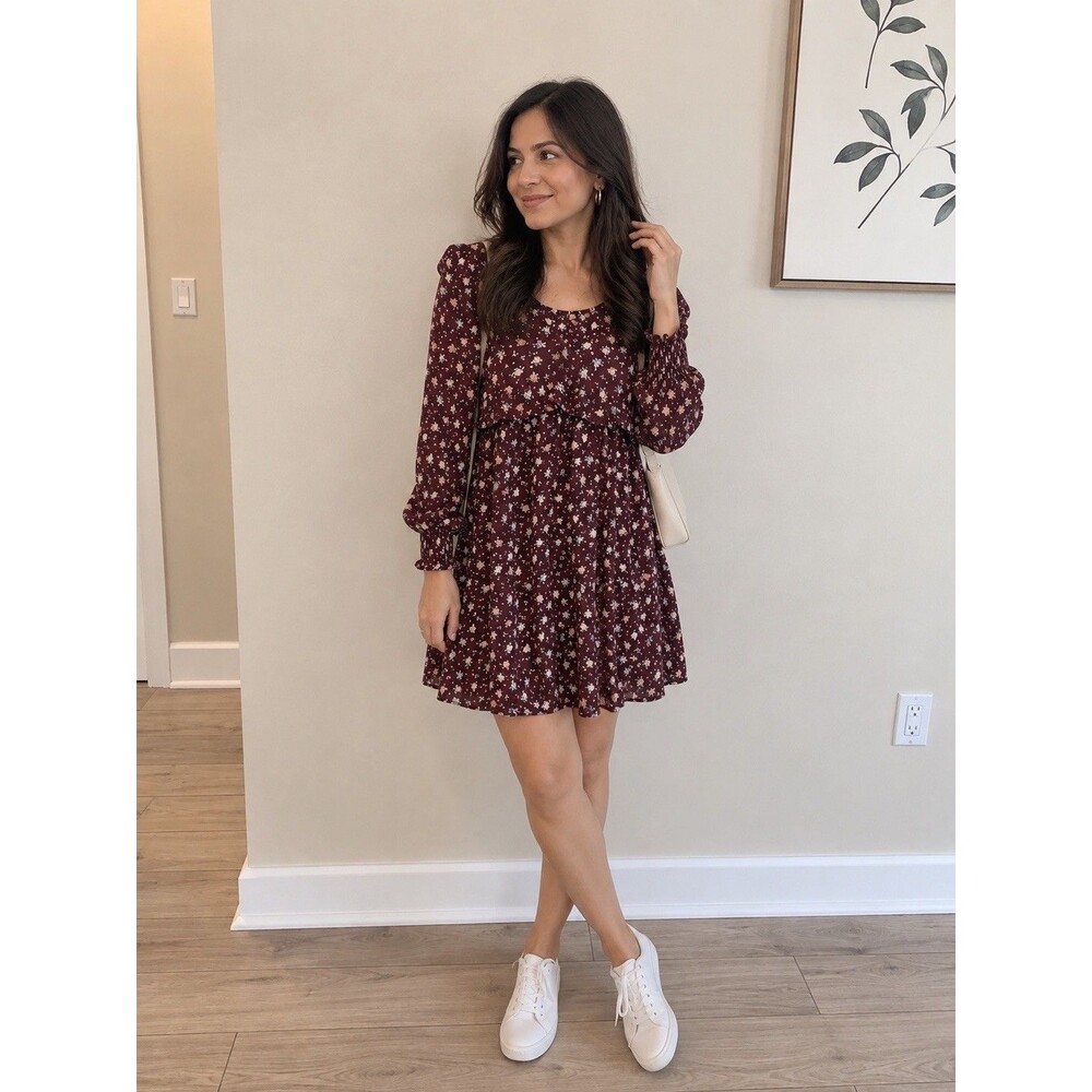 Coco + Jaimeson Womens Small Maroon Floral Long Sleeve Smocked Cuff Dress NWT